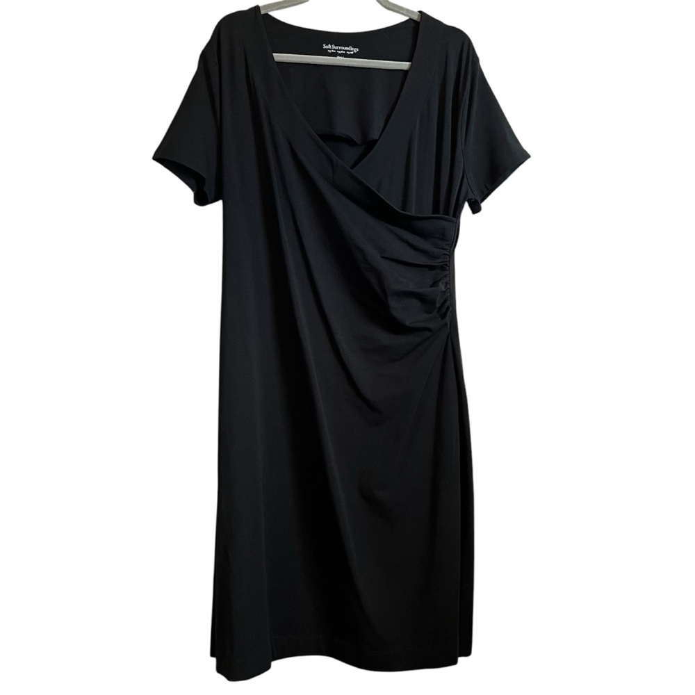 Soft Surroundings Black Midi Dress V-Neck Stretchy Cotton Faux Wrap Ruched Side